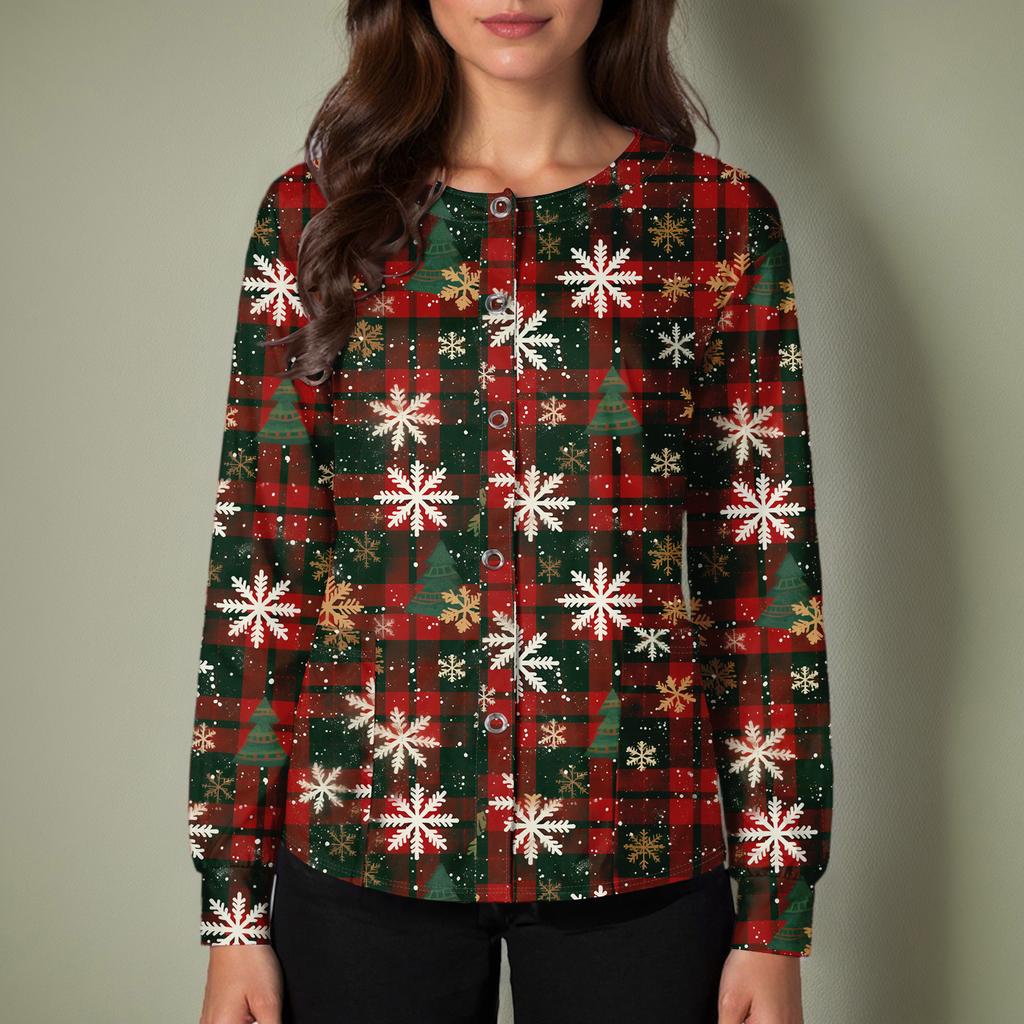 Women's Casual Long-sleeved Single-breasted Christmas Printed Protective Clothing Cardigan Top