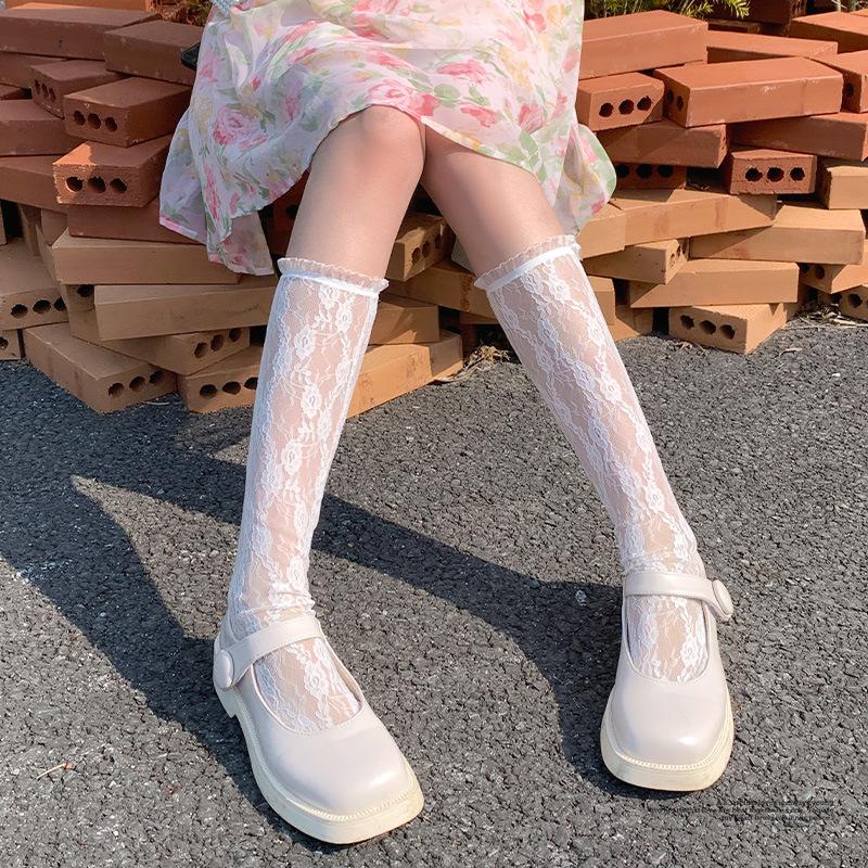 White Lace Hollowed-Out Socks Women'S Mid-Tube Socks Spring And Summer Japanese Cute Lolita Jk Calf Stacking Stockings