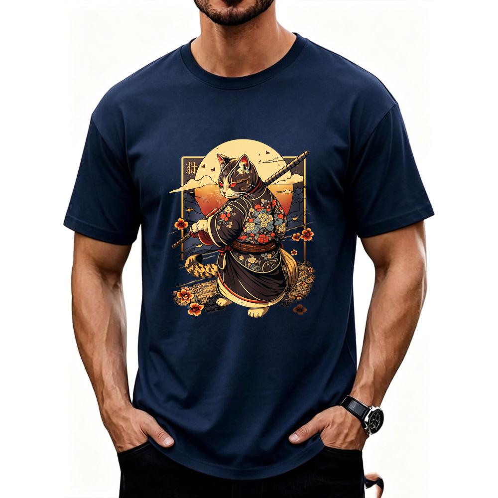 Samurai Katze ADHS Arbeit Ordentlich T-Shirt Lustiges Japanisches Stil Grafik T-Shirt für Unisex Kurzarm Lässiges Oberteil Einzigartiges Parodie Geschenk Präsent