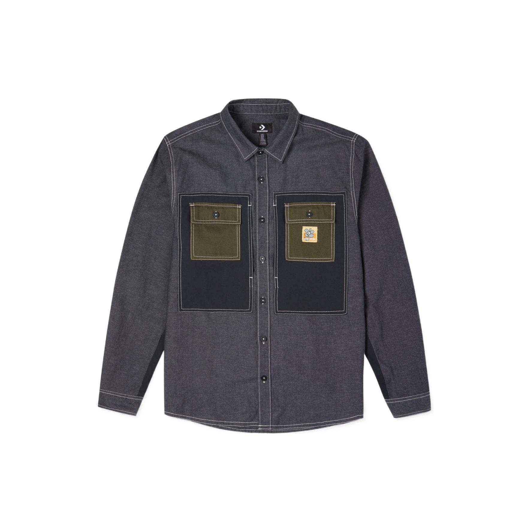 Men s Converse Flowers Small Logo Retro Splicing Contrasting Colors Woven Shirt Jacket Dark Black 10024167-A02 M