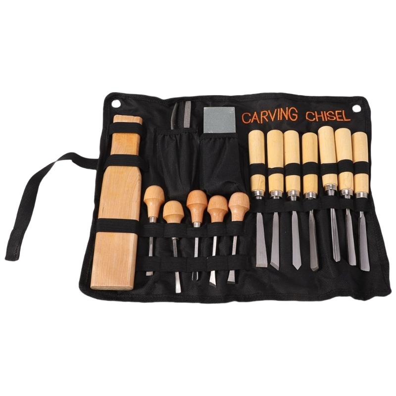 

Complete 16 Piece Woodworking Carving Tools Kit Includes Carbon Steel Chisels Blade Files Hammer Portable Storage Bag 1