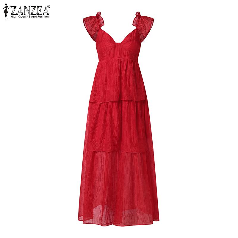ZANZEA Summer Women Ruffled Sleeveless V Neck Layers Casual Holiday Pleated Dress Sundress