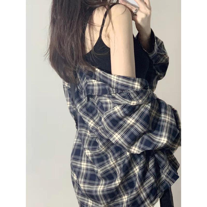 Plaid Mid-Length Influencer Shirt: Women's Trendy Spring & Autumn Long Sleeve Top 2025 Design