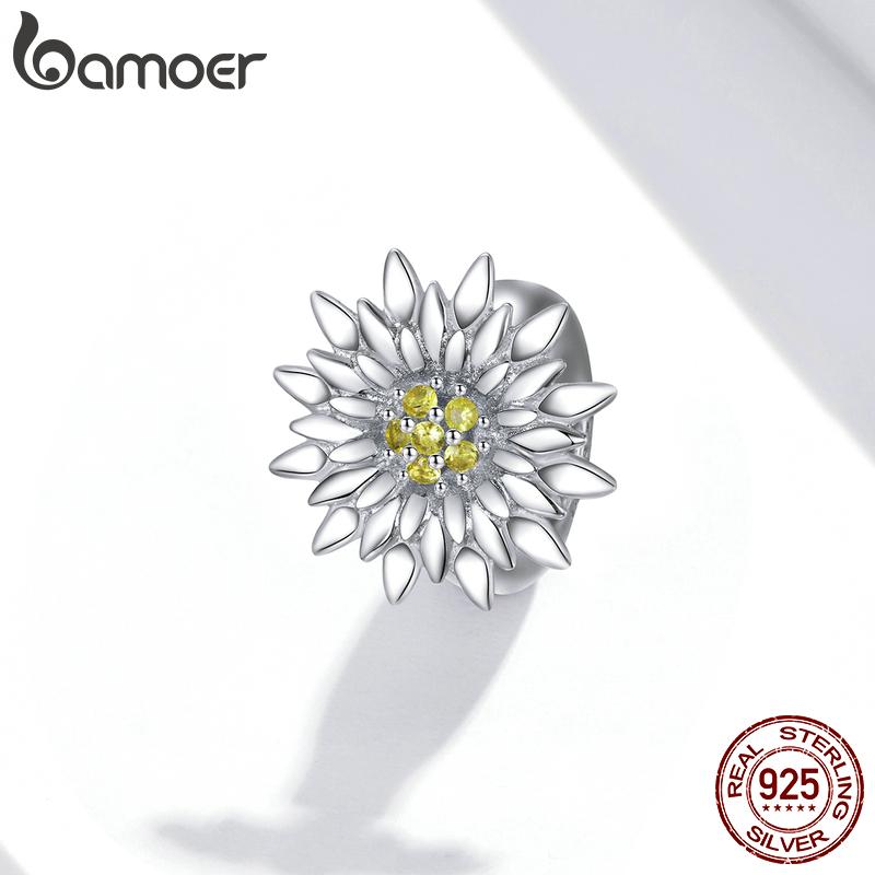 Bamoer 925 Sterling Silver Shine Zircon Bloom Sunflower Charm Beads Fit 3mm Bracelets