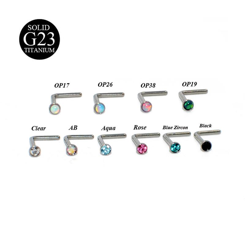 1Piece G23 Titanium Opal CZ Gem Screw Nose Studs Piercing L Shape Nose Nail Pin Stud Fashion Piercing Jewelry 20G Blue Zircon