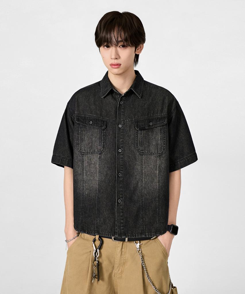 Dimiteulibeullaeg Fade-Washed Denim Trucker Half Shirt_Vintage Black