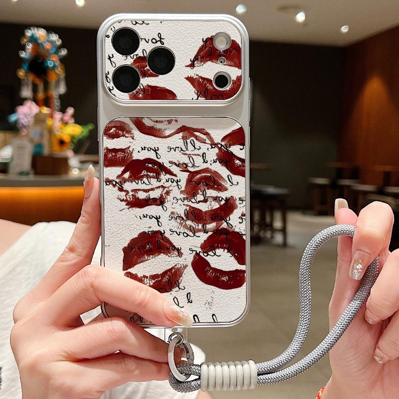 Leopard Kiss Lips Leather Lanyard Case For iPhone 18 Pro Max 17 16 15 14 13 Pro Max Luxury Hybrid TPU+PU Anti-skid Soft Phone Cover