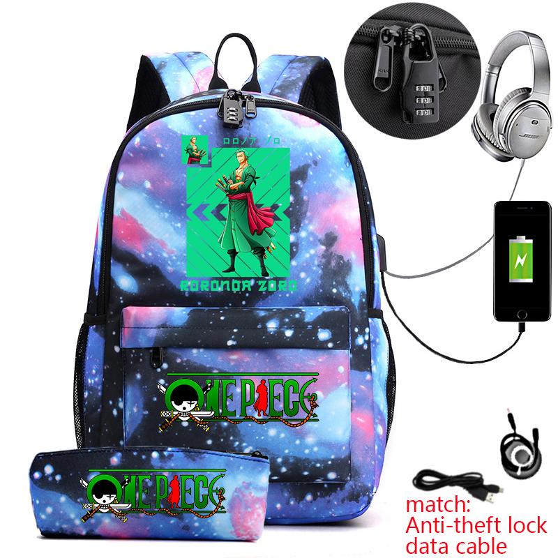 One Piece Zoro Print Anti Theft School Backpack Student Bookbag with Pen Case for Kids Teens
