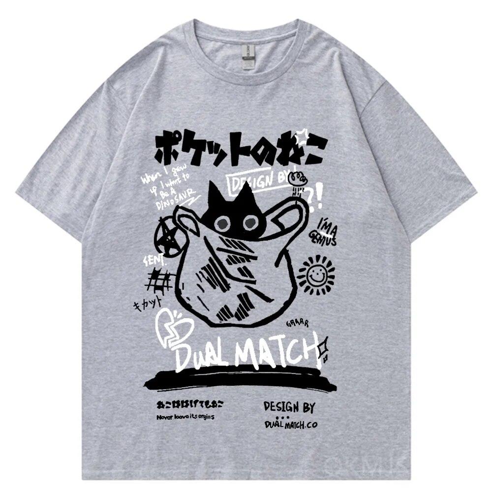 

Футболка в стиле хип-хоп, унисекс, уличная одежда, японская футболка с принтом кандзи, забавный кот, унисекс, Harajuku, хлопок, повседневная футболка унисекс с коротким рукавом, топы