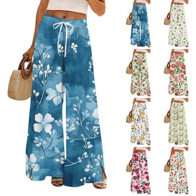 Damen Lockere Lässige Hose mit Blumenmuster, Weitem Bein, Elastischem Bund, Kordelzug und Taschen