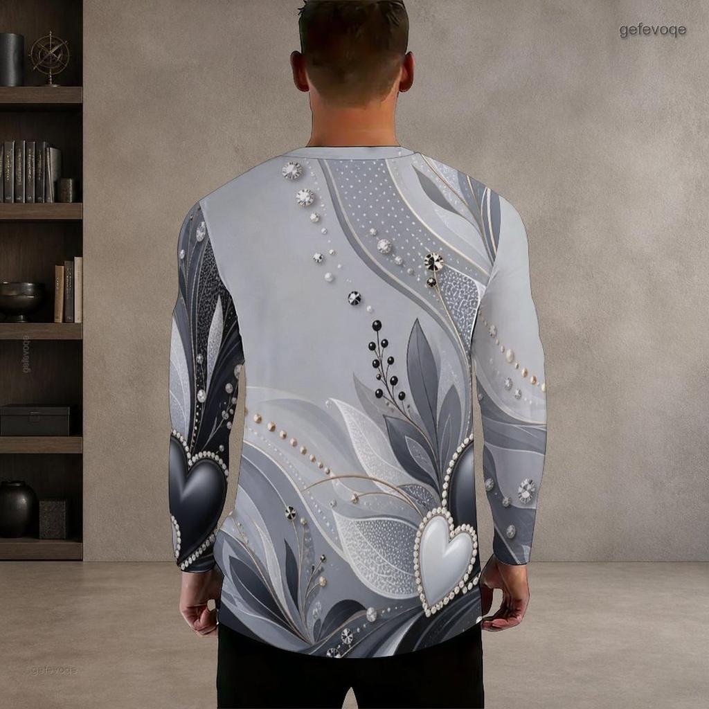 Men Plus Size Round Neck Long Sleeve T Shirt Black Sparkle Star Print Pullover Straight Hem