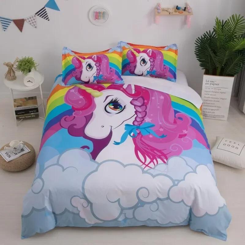 Children Bedding Set Single Bedding and Bed Sets Home Textile Unicorn Cartoon Lovely Kids Duvet Cover Set King Queen Full Twin