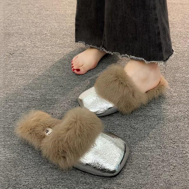 2025 Women's Autumn and Winter New Flat-bottomed Mao Mao Shoes with One Foot, Muller Mao Mao Slippers Ins Bag Head and Half Slippers Outside Wear