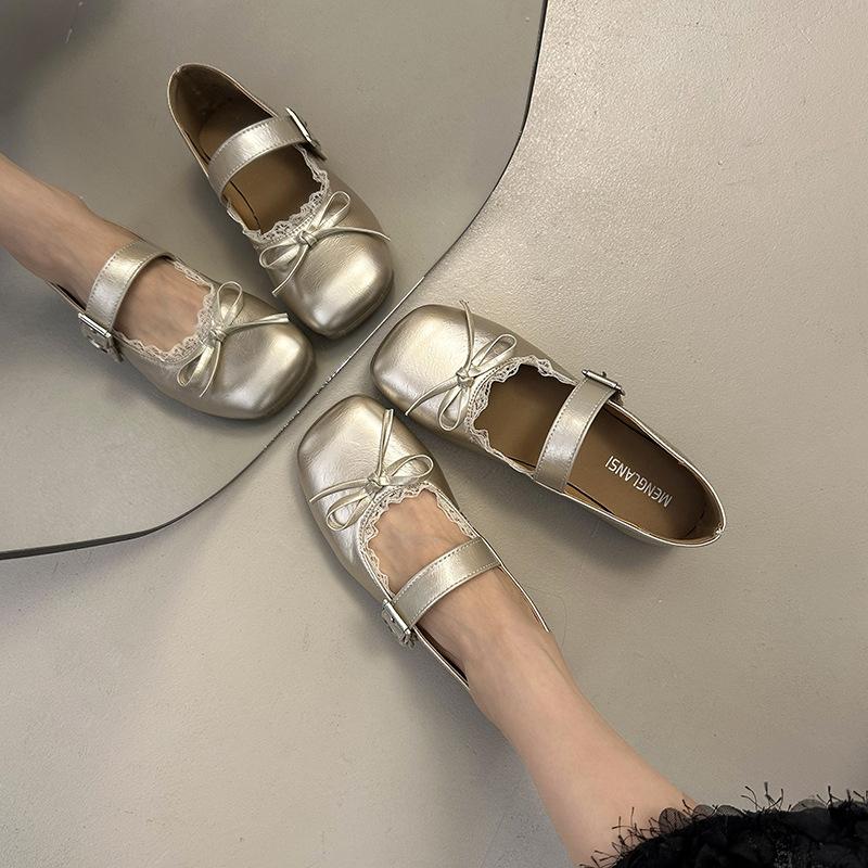 Square Head Retro Bow Flat-soled Small Leather Shoes Women's 2025 New Spring and Summer Skirt French Soft-soled Mary Jane Shoes