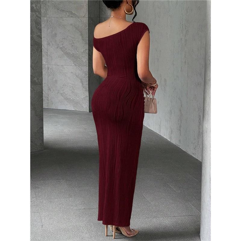 Sexy Solid Color Dress Cute Slim Water Ripple Diagonal Shoulder Dress