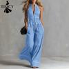 Women's Fashion Casual Summer Spring Solid Color Print Sleeveless V-Neck High Waist Trousers Jumpsuits & Rompers