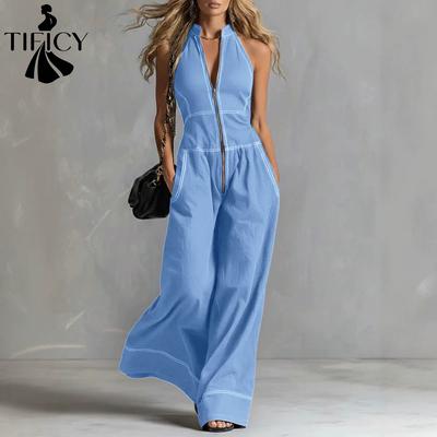 Women's Fashion Casual Summer Spring Solid Color Print Sleeveless V-Neck High Waist Trousers Jumpsuits & Rompers