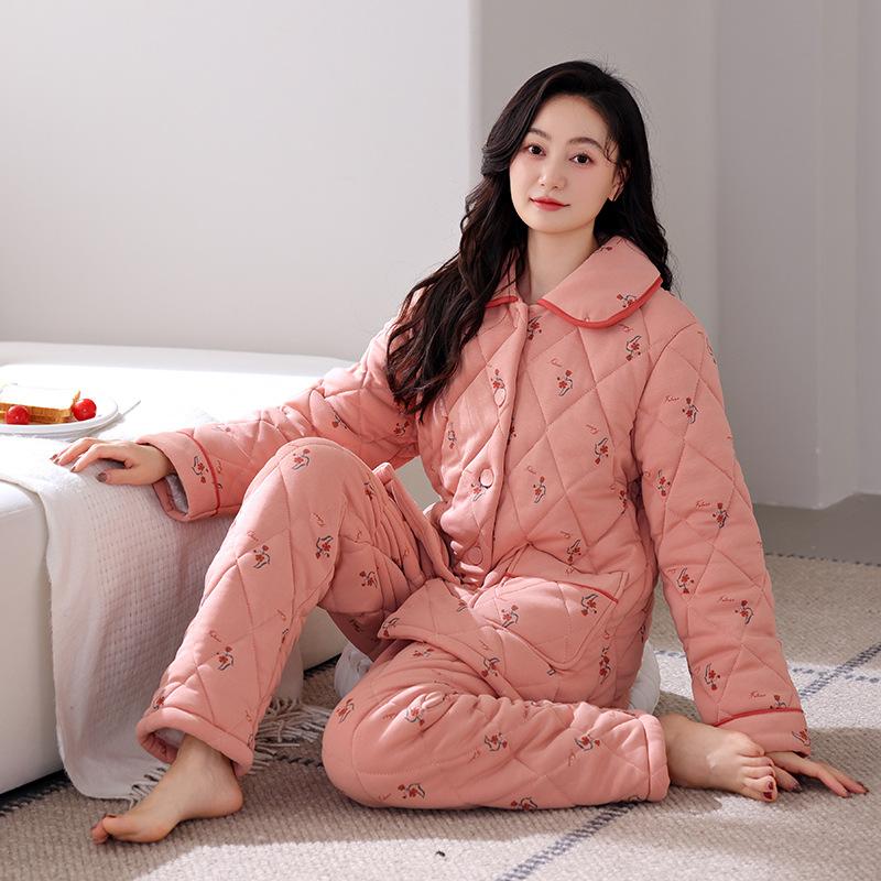Pure Cotton Padded Pajamas Women'S Winter Three-Layer Thickened Velvet Autumn And Winter Warm Loungewear Set