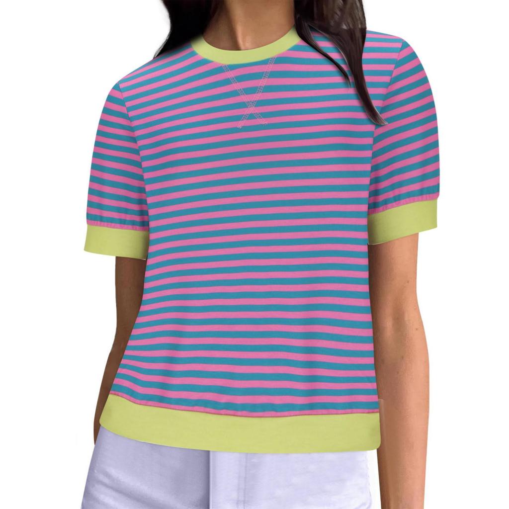 Women's Summer Striped Print Short Sleeve Round Neck T-Shirt Clothes Sale