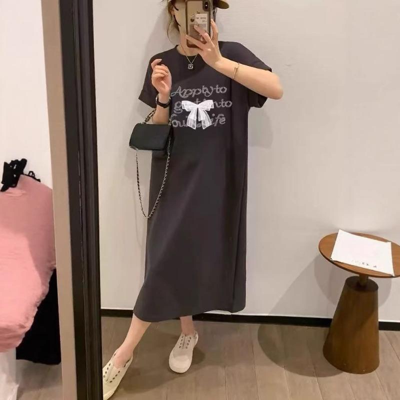 Letter Print Dress,a Mid-length Over-the-knee Slit T-shirt for Women's Summer Casual Wear