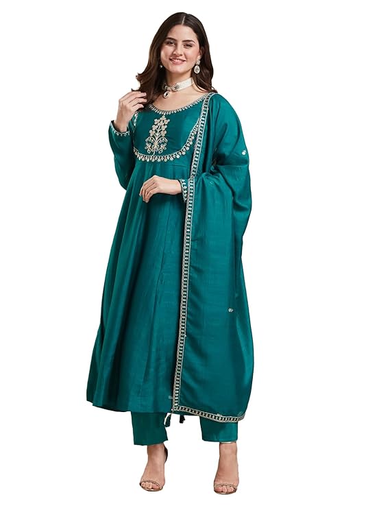 Women s Silk Embroidered Anarkali Kurta and Pant with Dupatta Set S синий