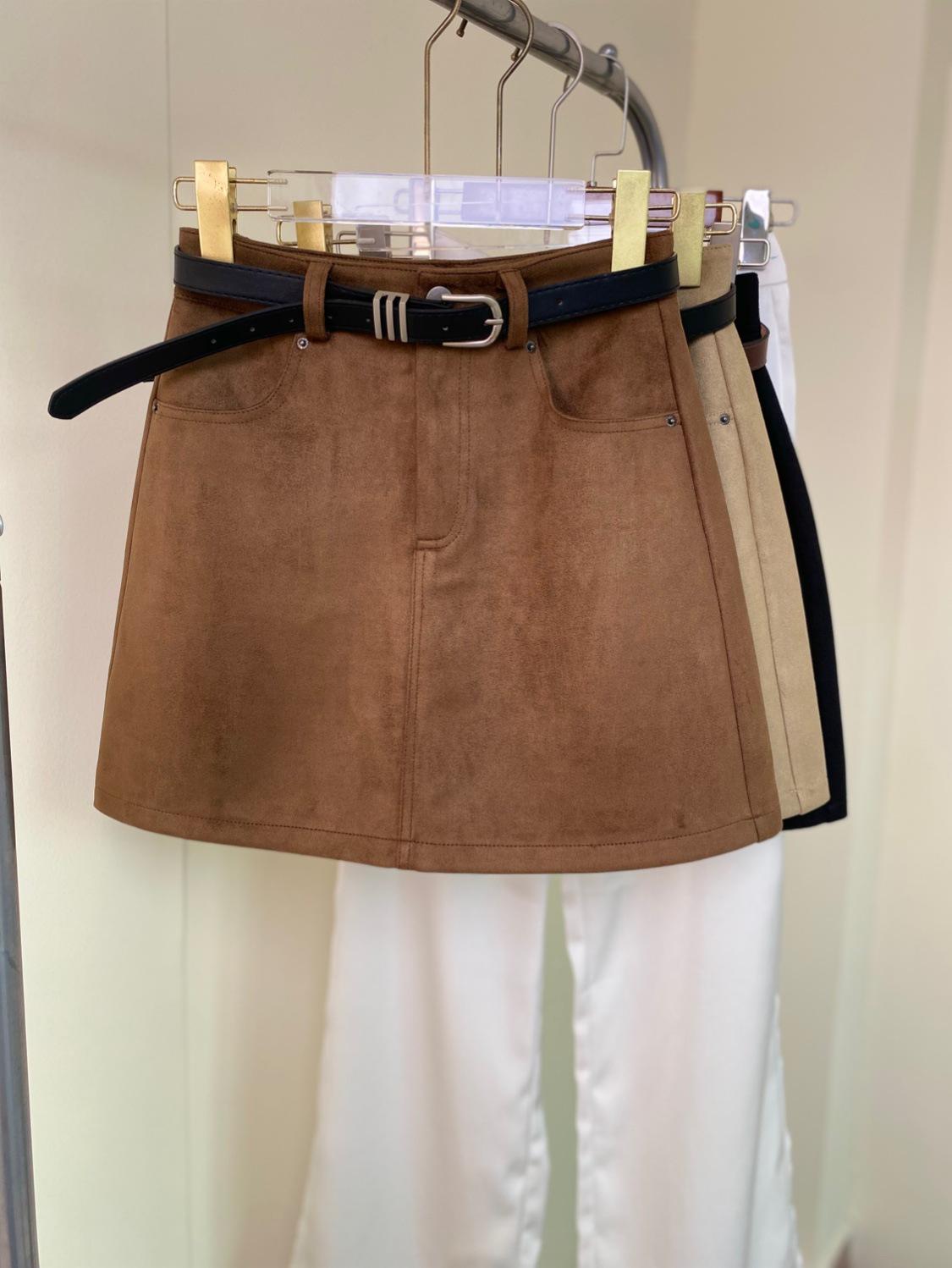 Plus Size Coffee Brown High-Waisted Faux Suede A-line Short Skirt 4XL