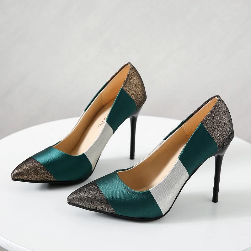 

Модные туфли на высоком каблуке в полоску 2024 года, новые тонкие туфли на высоком каблуке, цветные женские туфли с острым носком и мелким носком Zapatos Mujer 42 зелёный