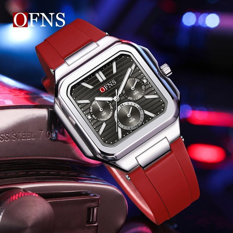 OFNS Herrenuhren Hochwertiges Leder Lässige Quadratische Armbanduhren Kalender Wasserdicht Business Mode Herren Chronograph Uhr