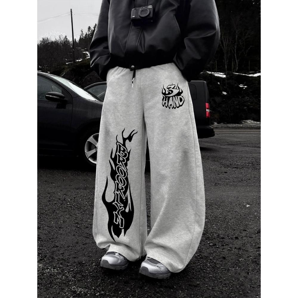 Spodnie Joggingowe Street Style Męskie Codzienne Spodnie Sportowe Wzór Płomieni Szerokie Nogawki Spodnie Sportowe Modne Męskie Must Have