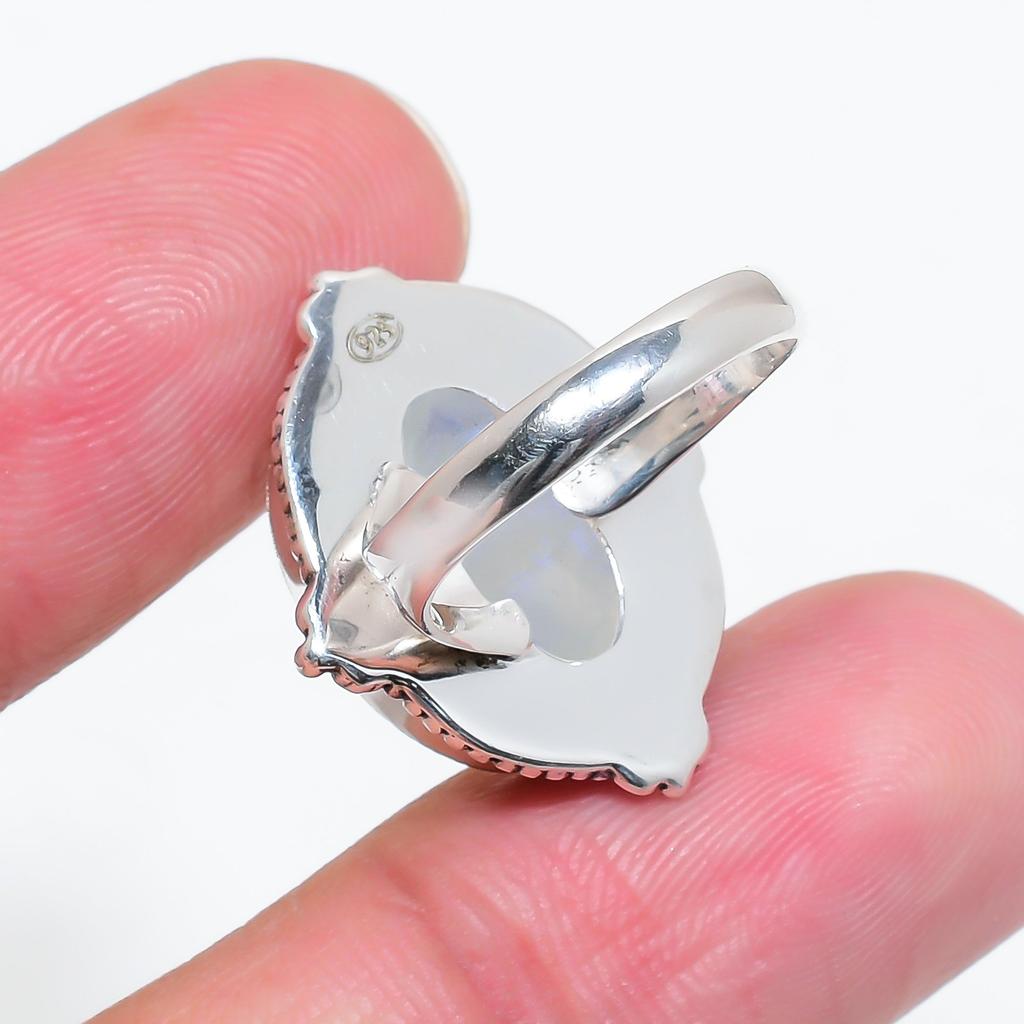 Rainbow Moonstone - India 925 Sterling Silver Ring V4558, White Ring, Oval Ring, Valentin's Day Gift, Gift For Her, Birthday Gift, Handmade Jewelry, S