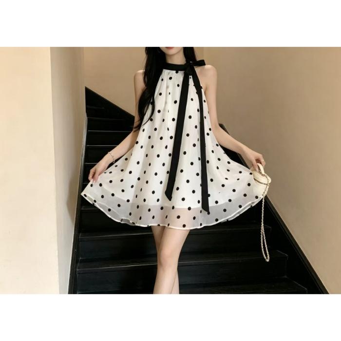 Small Polka Dot Foreign Style Dress Spring New Loose Neck A Word Skirt Short Skirt Women's Clothing Chic Tide