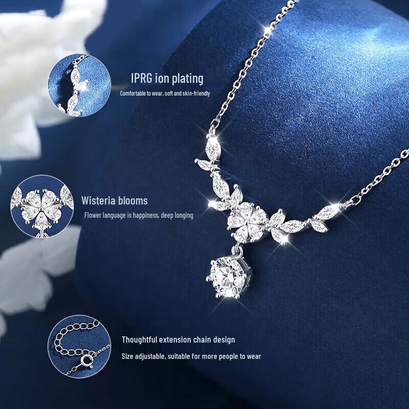 S925 Sterling Silver Wisteria Moissanite Necklace, 1 Carat D Color, Cool Style, Light Luxury Clavicle Chain for Women