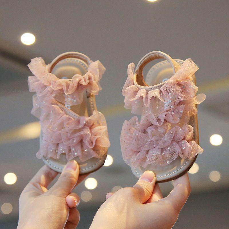 

Baby Walking Shoes Non-slip Soft Sole Toddler Girls Sandals Open Toes Breathable 2025 Summer New Kids Princess Shoes Lace Sweet 16 рожевий