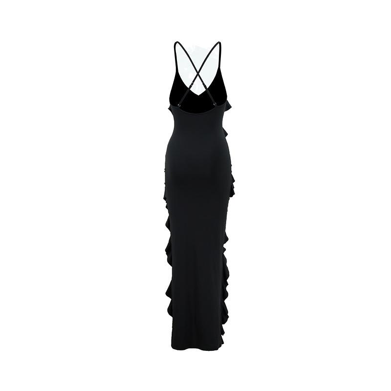 Backless Strapless Maxi Dress Women Summer V Neck Ruffles Side Slit Bodycon Party Dresses Black Red Evening Robes