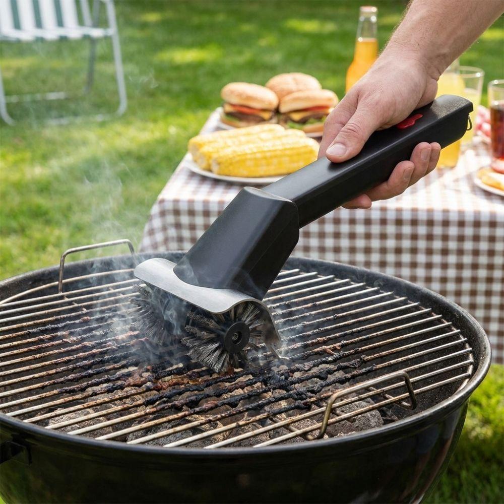 Steel Wire Bristles Rechargeable Grill Cleaner Double Wheel Rotating Barbecue Brush Outdoor Grill