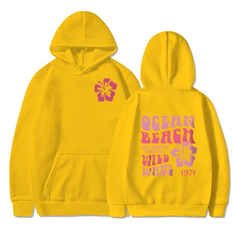 Ocean Beach Wild Wave Printed Y2K Hoodies Women Fashion Aesthetic Pink Floral Streetwear Autumn Long Sleeve Hip Hop Sweatshirt