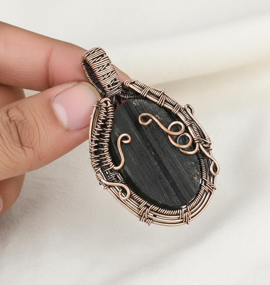 Handmade Black Tourmaline Copper Wire Wrapped Pendant  GemStone Jewelry for Men & Women