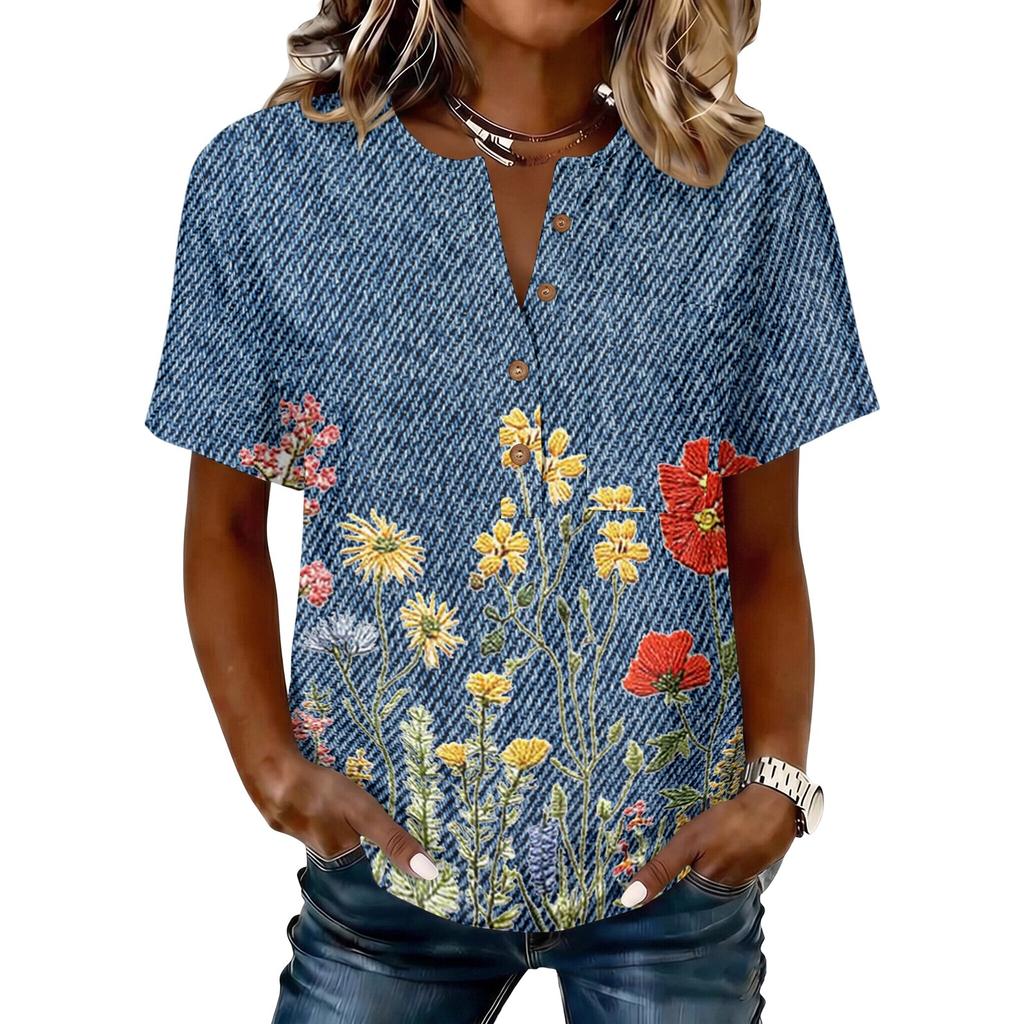 Women's Vintage Floral Print Short Sleeve Shirt Button Front Henley Neck Cotton Linen Blend Casual Top