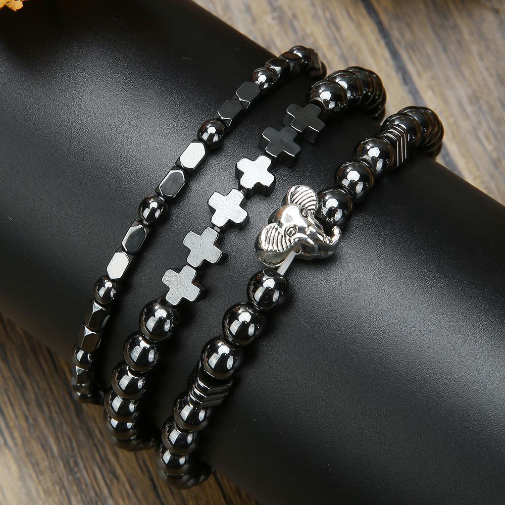 Bracelet Jewelry, Black Gallstone, Volcanic Stone, Wooden Beads, Multi-layer Men's Bracelet Combination Set, Elastic Bracelet.