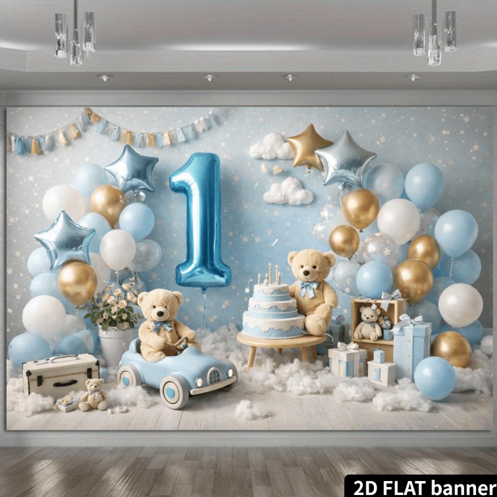 2D Plane 1st Birthday Party Background: Blue and Gold Teddy Bear Theme, Featuring Blue Number 1 Balloons