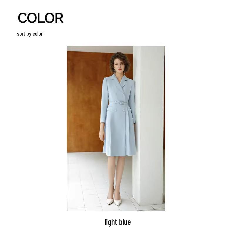 Women's Light Blue Double-Breasted Slimming Suit Dress for Autumn/Winter - Ideal for Exams or Formal Commute