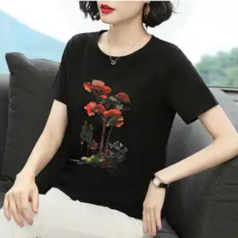 Women's Crew Neck Short Sleeve T-Shirt Colorful Leaf Print Slim Fit Casual Top for Daily Wear
