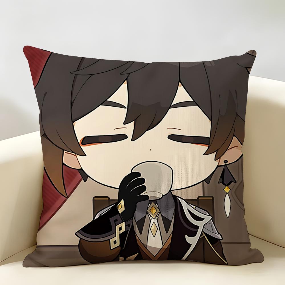 Zhongli Cute Genshin Impact Cushion Cover Natural Linen Organic Fabric DoubleSided Printing Room Sofa Decor Pillow Case