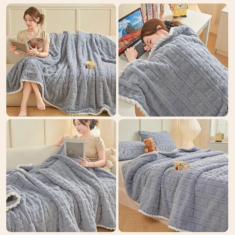 Thickened Coral Fleece Bed Blankets for Winter Warm Soft Imitation Lambs Wool Jacquard Blankets for Bedroom Sleeping Sofa Throw