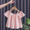 Girls' 2025 Summer Off-the-Shoulder Spaghetti Strap Short-Sleeve Top - Fresh New Chinese Style Fashion