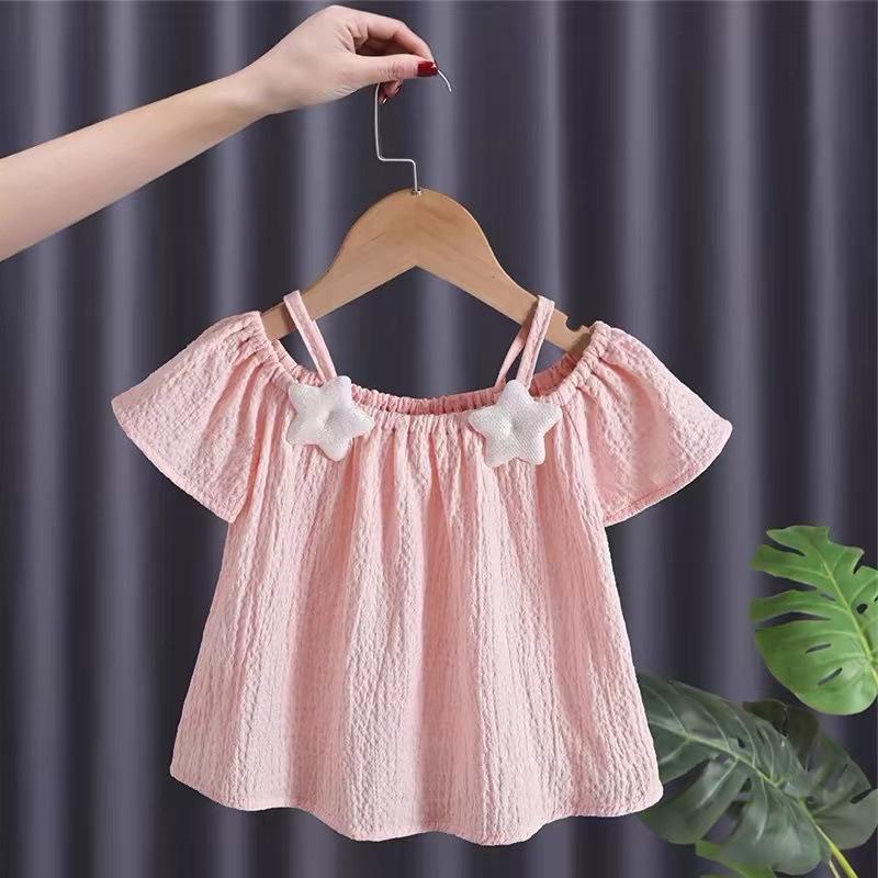 Girls' 2025 Summer Off-the-Shoulder Spaghetti Strap Short-Sleeve Top - Fresh New Chinese Style Fashion