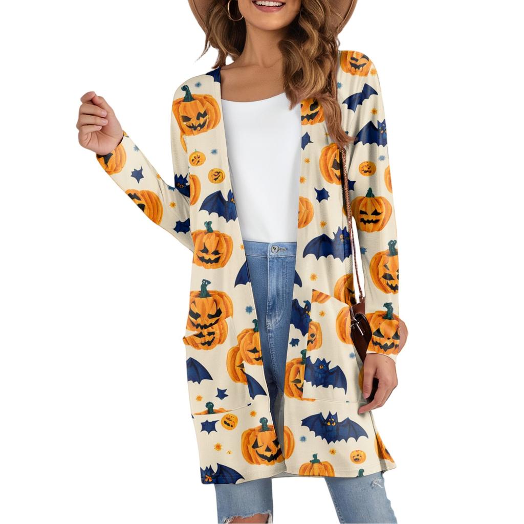 Women's Fashion Casual Comfortable Halloween Printed Mid-Length Cardigan With Pockets Jacket