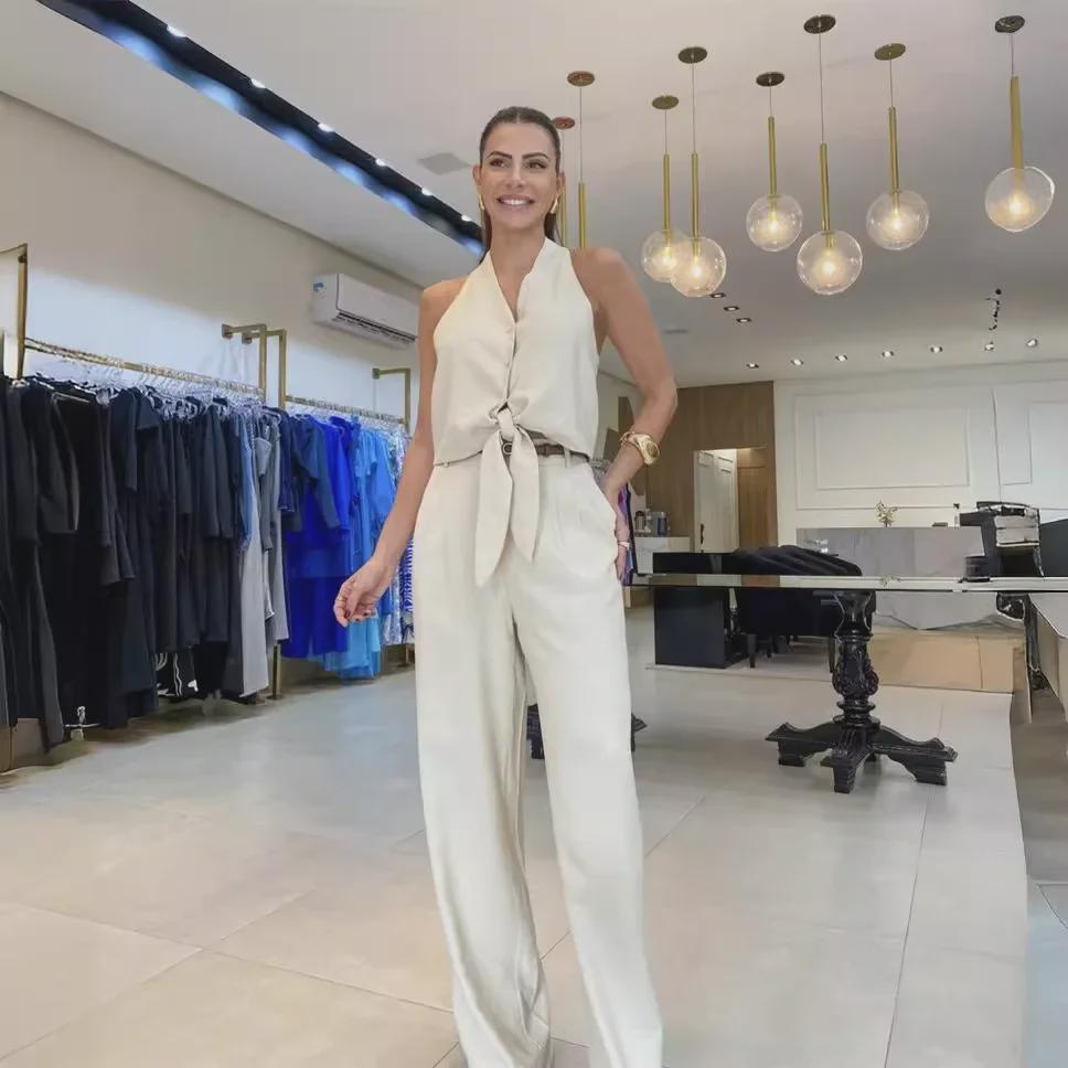 2024 Women’s Fashion Sleeveless Hollow Top & High-Waist Wide-Leg Pant Set