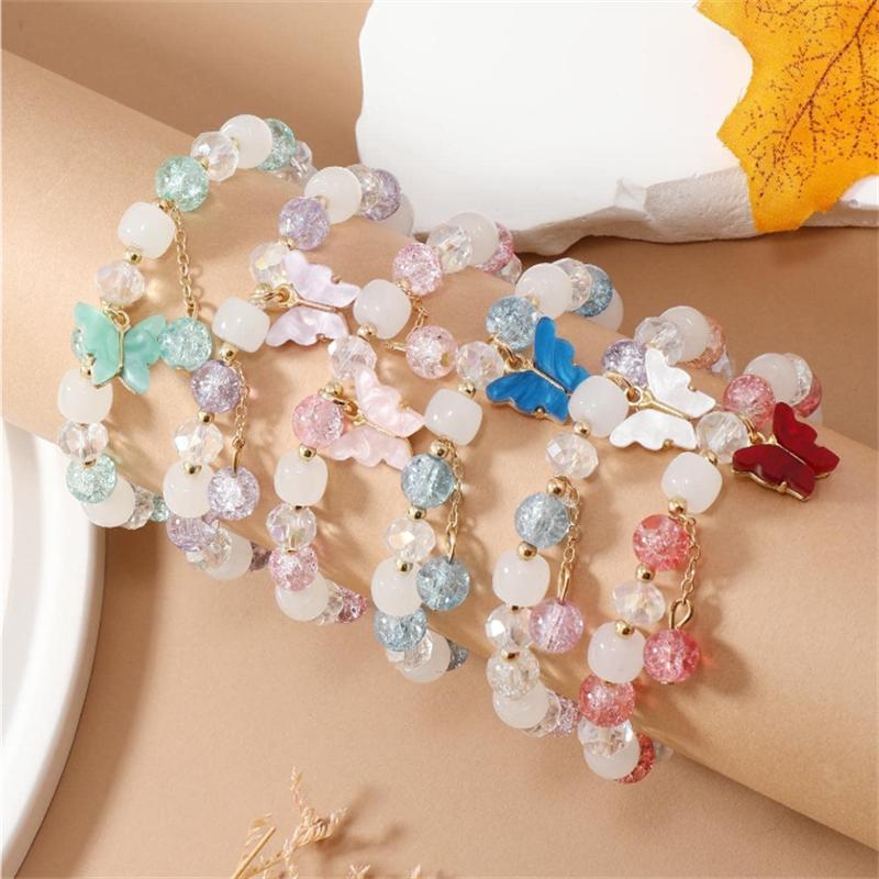 6pcs/set Colorful Popcorn Crystal Beaded Women Bracelet Daisy Flower Butterfly Pendant Fashion Bracelet Valentine's Day Gifts