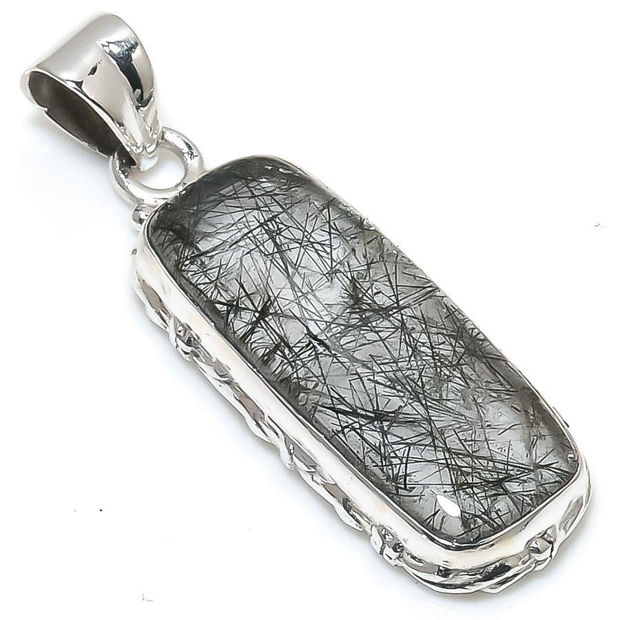 Natural Black Rutile Gemstone 925 Solid Sterling Silver Gift Pendant 1.75" C6i24